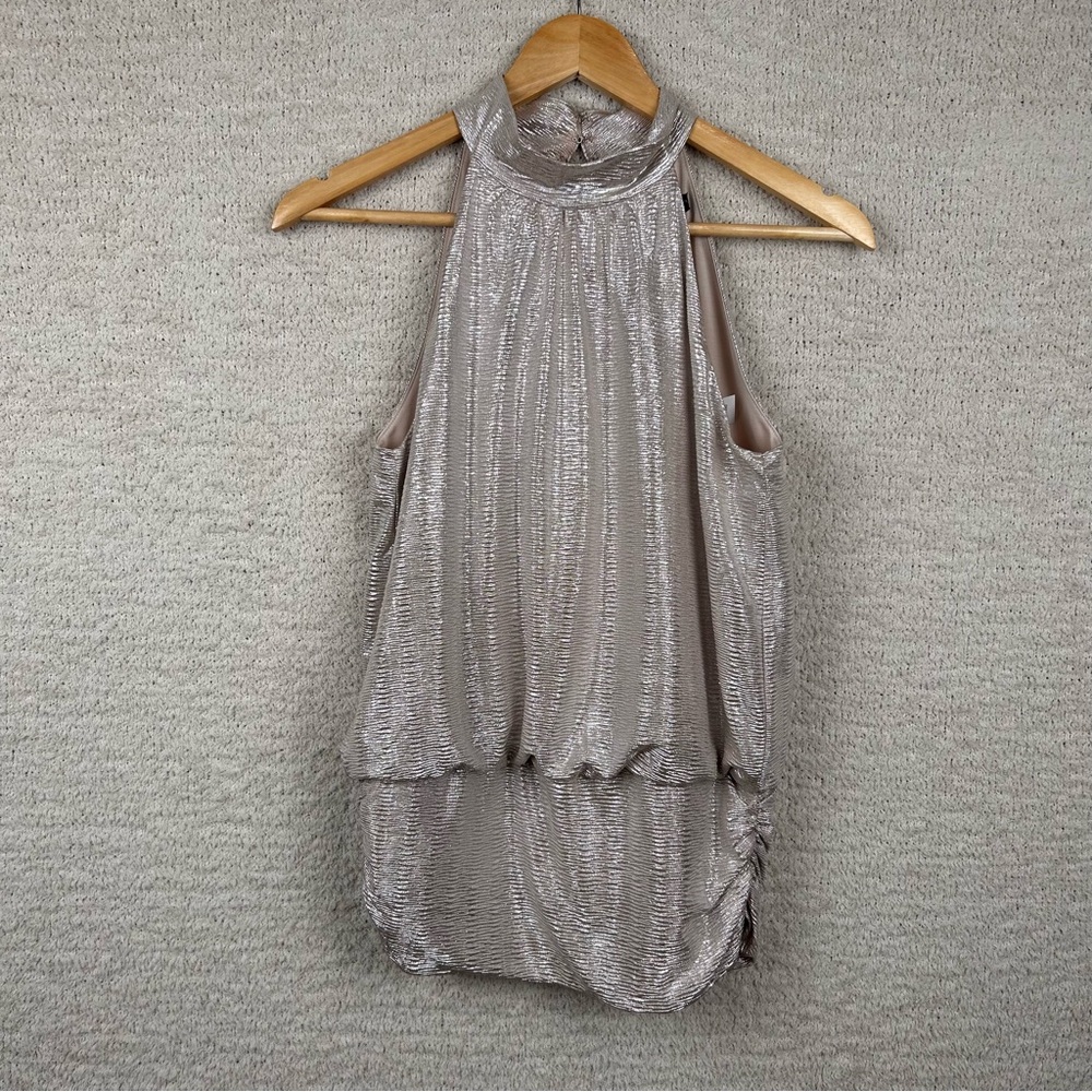 White House Black Market Top Womens S Gold Metallic‎ Mock Neck Halter Top